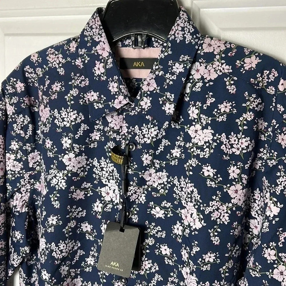 AKA SLIM FIT BLUE LONG SLEEVE SHIRT WITH  FLORAL PINK DESIGN . 100 cotton - Picture 2 of 10
